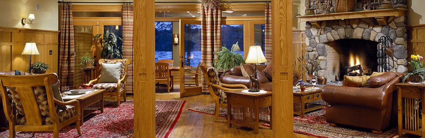 Adirondack-style lodge lobby area