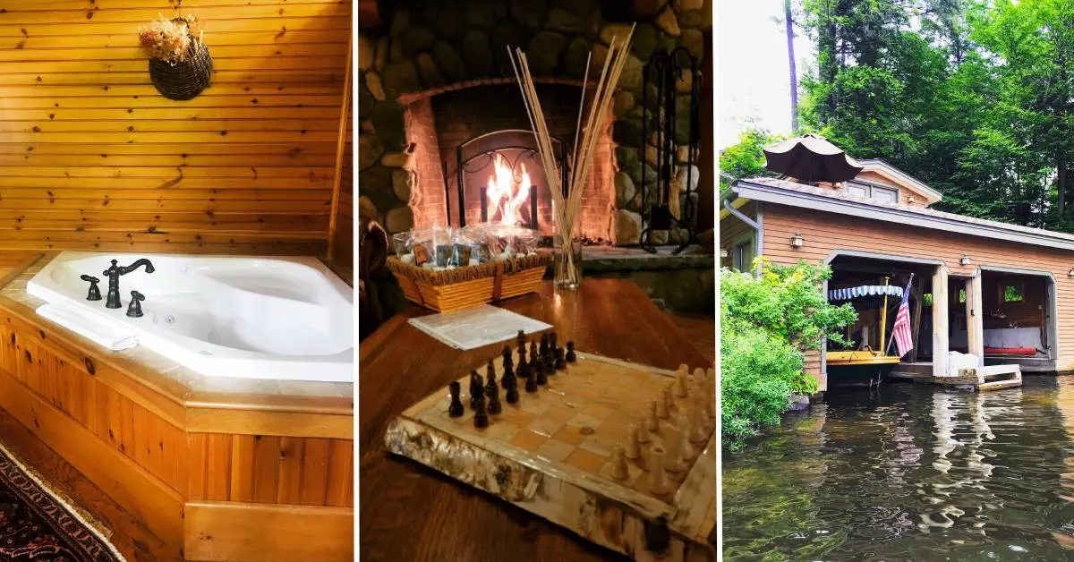 three side by side images of a hot tub, fire in fireplace with board game, and boat at covered dock